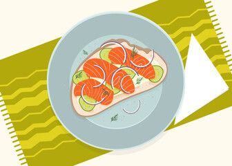 Delicious sandwich with slices of salmon, cucumber, onion and herbs on a plate.