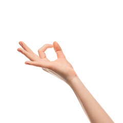 A woman's hand shows ok on a white background