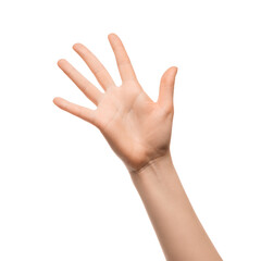 A woman's hand shows five fingers on a white background