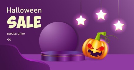 Abstract realistic 3D purple cylindrical pedestal on a purple background. Happy halloween minimal scene for product presentation. Halloween pumpkin with evil eyes. Glowing stars on the background. 