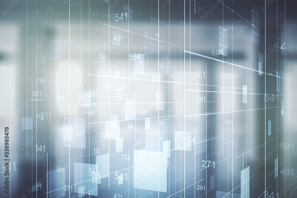 Poster Double exposure of abstract virtual statistics data hologram on empty modern office background, statistics and analytics concept