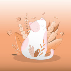 pink cat in autumn with plants
