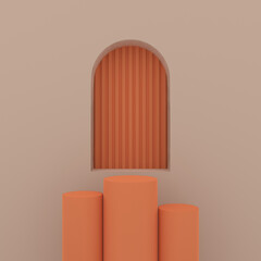 3D rendered of abstract minimal stand podium for product display presentation with orange set of steps. stage for showcase with cylinders and arch window.
