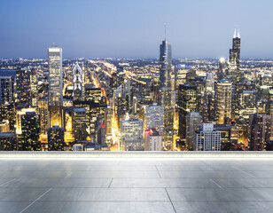 Empty concrete rooftop on the background of a beautiful blurry Chicago city skyline at evening, mock up