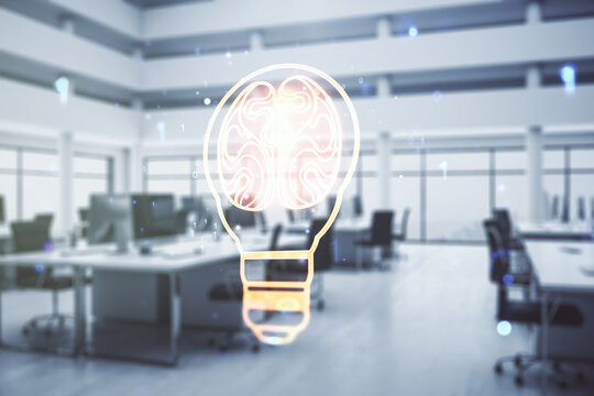 Abstract virtual idea concept with light bulb and human brain illustration on a modern furnished office background. Neural networks and machine learning concept. Multiexposure