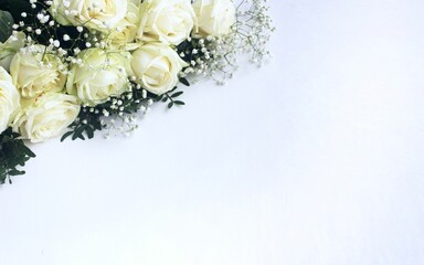 White roses on a white background. A delicate festive bouquet. Background for a greeting card.