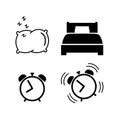 Sleep and wake up icon set in flat style. Alarm clock, pillow, bed, ringing alarm clock. Wake up or get up concept. Time sign isolated on white. Vector illustration for graphic design, Web, UI, app.