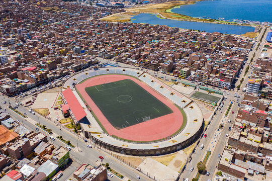 Aerial View Of The Enrique Torres Belon Stadium In Puno On Lake Titicaca In Peru..