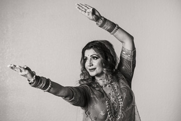 Black and white portrait of Indian kathak dancer