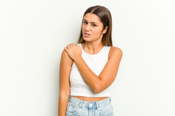 Fototapeta premium Young Indian woman isolated on white background having a shoulder pain.