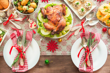 Christmas family dining table. Festive table. Table setting. Christmas holidays background . New Year. View from above.