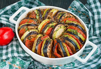 Ratatouille is a traditional French vegetable dish cooked in the oven. Diet vegetarian dish....
