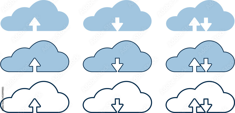 Poster collection cloud with arrow line icon. upload and download cloud arrow symbols. clouds with arrows u