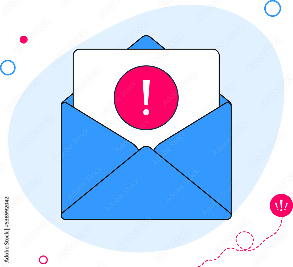 Poster email message with warning alert icon illustration, flat cartoon opened envelope mail with document 