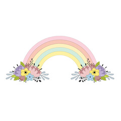 Multicolored rainbow with bouquets of flowers.