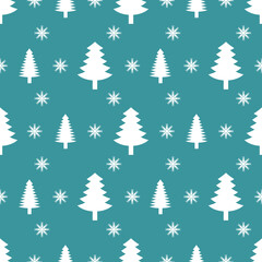 Christmas tree and snowflakes blue seamless pattern
