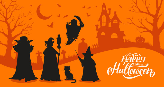 Halloween character silhouettes on cemetery background with castle. Scary dracula vampire, flying pirate ghost with cutlas, sorcerer or wizard personage, cat on Halloween vector horizontal banner