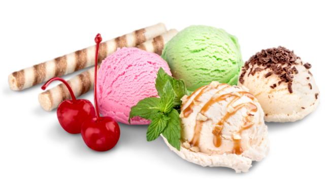 Ice cream scoops with wafers and cherries on white background