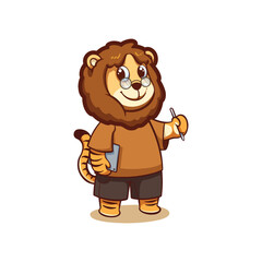 Cartoon Illustration Design Cute Lion Holding a Pencil And Carrying a Tablet