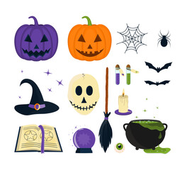 Witch set of elements for design. Halloween witchcraft collection.