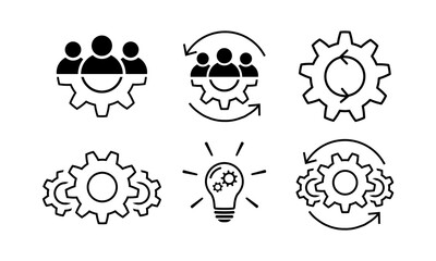 Teamwork and process line icon set. Leadership and creative symbols in flat style. Team and gear sign isolated on white. Group of people symbol. Teamwork abstract icon in black Vector illustration