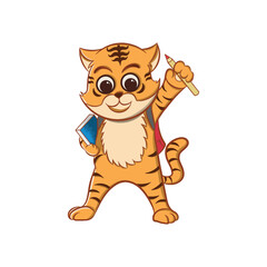 Cartoon Illustration Design Cute Tiger Holding a Pencil And Carrying a Book and Bag