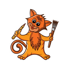 Cute Cat Cartoon Illustration Design Holding Pencil And Brush