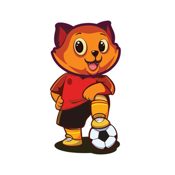 Cartoon Illustration Design Cute Cat Stepping On The Ball as a Football Player