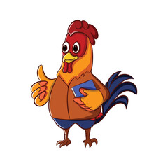 Cute Rooster Cartoon Illustration Design Carrying a Book And Giving a Thumbs Up