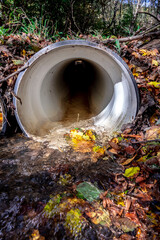 A drainage pipe in nature for the flow of a small stream under a forest road