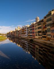 girona catalonia spain medieval city old town cathedral Panoramic view of the city with reflection in the Oñar river