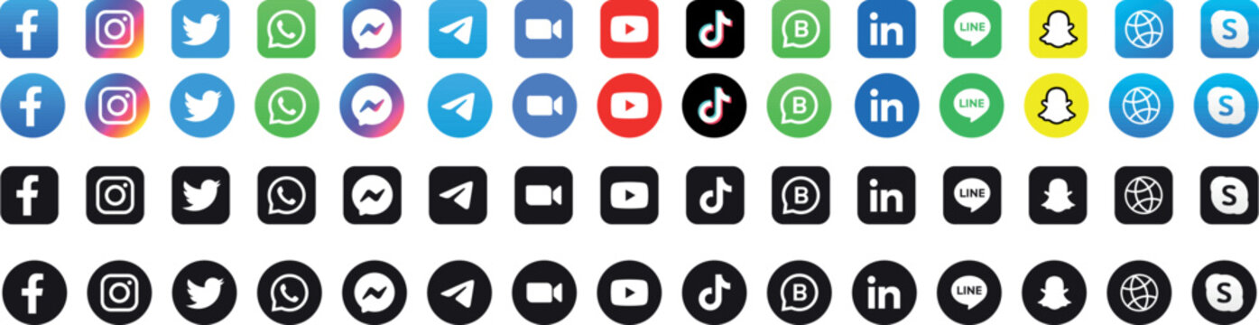 Facebook, Twitter, Instagram, Youtube, Snapchat, Pinterest, Whatsapp, Linkedin, Tiktok Collection Social Media Logo