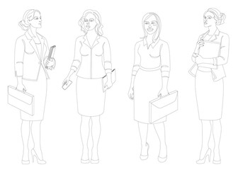 Collection. Silhouettes of a girl are standing in a modern single line style. Business woman with documents. Continuous line, aesthetic design outline, posters, stickers, logo. Vector illustration set