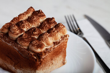 Tiramisu Cake on a White Plate