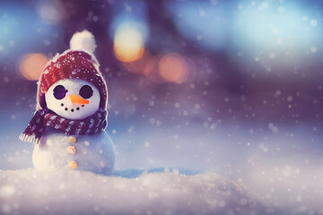 Cute snowman standing on snowy field in winter Christmas and happy new year greeting card