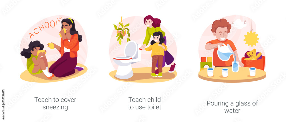 Poster Self-care skills development in home-based daycare isolated cartoon vector illustration set