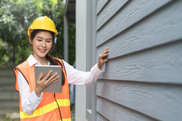 Builder inspection consultancy. Inspector checking material and structure in construction.