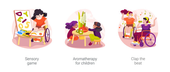 Developmental activities in homebased daycare isolated cartoon vector illustration set