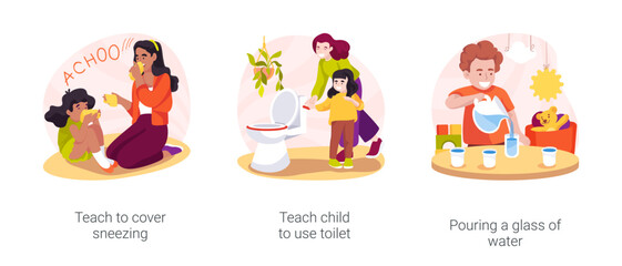 Fototapeta na wymiar Self-care skills development in home-based daycare isolated cartoon vector illustration set
