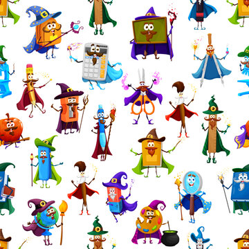 Cartoon Halloween school characters seamless pattern. Vector background with cute personages of magician book, wizard backpack, pen and pencil, witch ruler and globe with magical wands, hats and capes