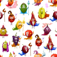 Fotobehang Cartoon funny tropical fruit wizards, mages, warlocks, magicians and sorcerers seamless pattern. Vector background of cute berry characters, fairy magic feijoa, fig and carambola, grape and lychee © Vector Tradition
