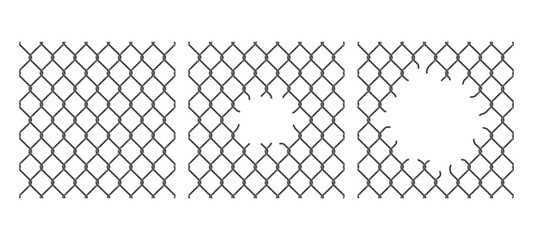 Rabitz chain link pattern background. Whole and ripped fence mesh. Metal mesh realistic texture or steel braided grate 3d vector background. Metallic chain link pattern with hole, gap or breach