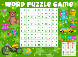 Cartoon kids toys. Word search puzzle game worksheet. Kids quiz grid, text puzzle or child logical game, riddle vector page with child rattle toy, bear and bunny, bicycle, car and train, bucket, ball