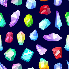 Crystals and gems seamless pattern background with vector gemstones and jewels. Cartoon quartz, diamonds, amethyst and garnet, emerald, sapphire and ruby backdrop, jewelry and precious stone themes