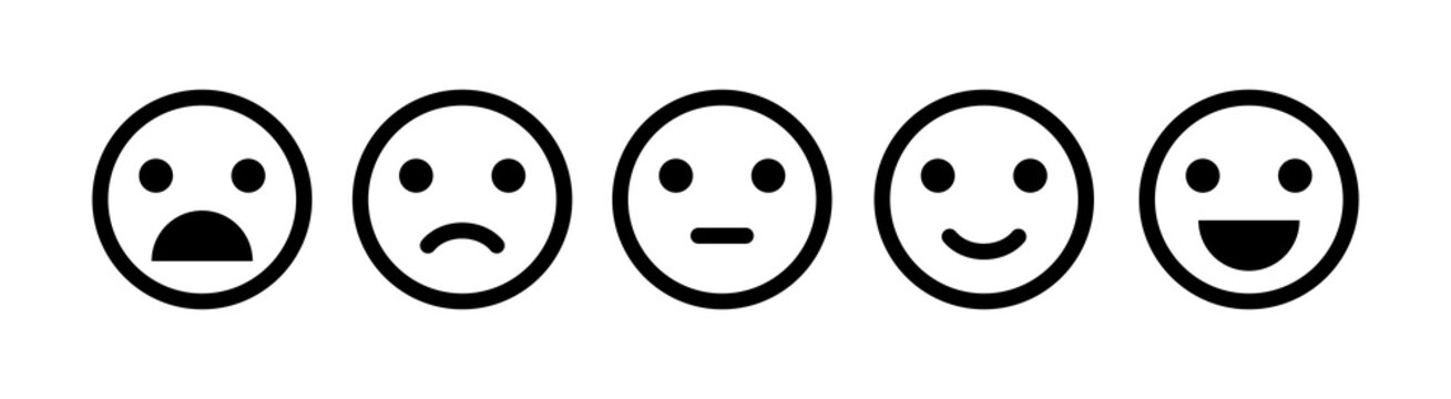 Emoji icon set of satisfaction level. Simple feedback in form of emotions in flat style. Customer feedback. Range to assess the emotions Excellent, good, normal, bad, awful symbols Vector illustration
