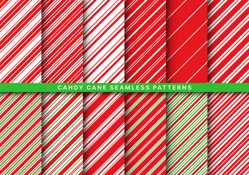 Candy cane christmas pattern. Seamless striped vector backgrounds for Christmas wrapping paper or textile. Red, green, white Xmas holiday with texture diagonal stripes. Set of cute caramel prints