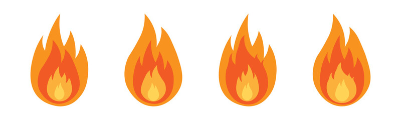 Fire flame icon set in flat style. Fire symbols isolated on white background. Simple flame signs. Abstract color fire icons. Vector illustration for graphic design, Web, UI, mobile app