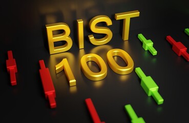BIST 100 - The main index of the Istanbul Stock Exchange is a sign on a dark background with a chart of Japanese candlesticks, 3D rendering
