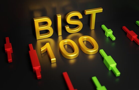 BIST 100 - The main index of the Istanbul Stock Exchange is a sign on a dark background with a chart of Japanese candlesticks, 3D rendering
