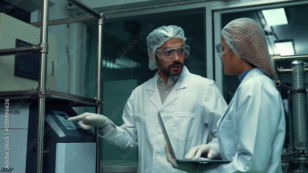 Poster two scientist in professional uniform working in curative laboratory for chemical and biomedical exp
